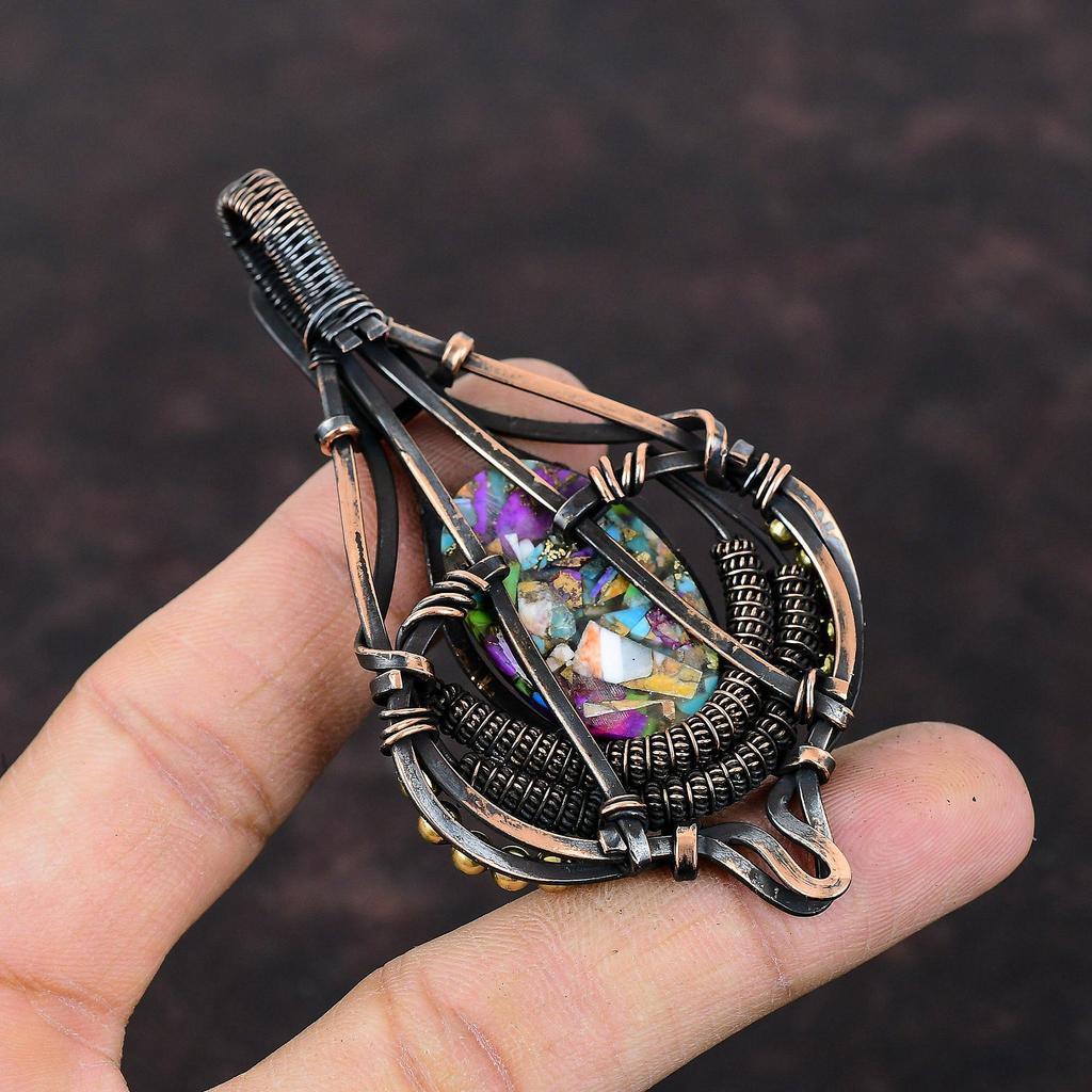 Fiesta Kingman Бирюзовый кулон Медная проволока обернутый драгоценный камень кулон Multi Медный бирюзовый кулон Медные украшения ручной работы Стильный кулон