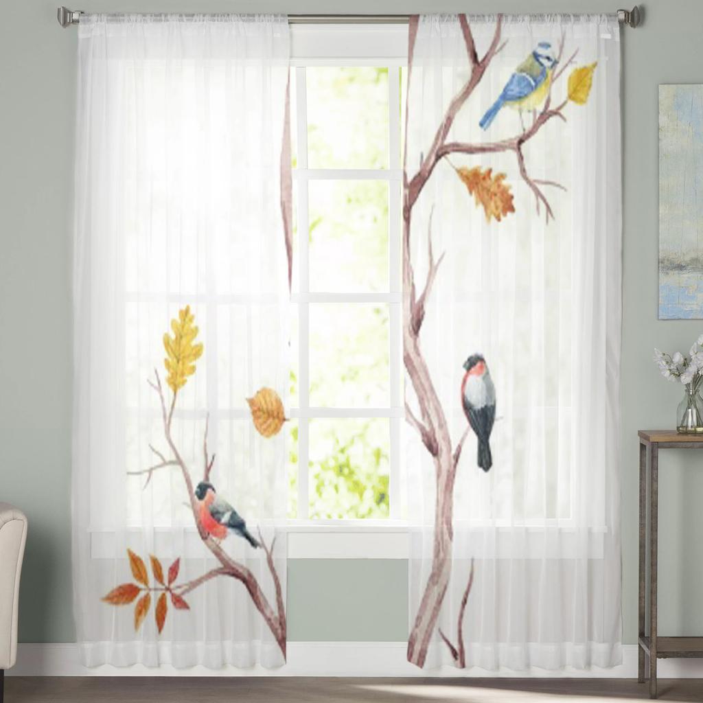 Прозрачные шторы с рисунком осенних деревьев и птиц для спальни, гостиной, тюлевые шторы для кухни, оконные вуали, шторы