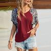 Summer New Women V-neck Loose Leopard Print Patchwork Tops Bat Sleeve T-shirt Tees