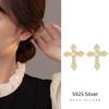 S925 Korean Silver Zircon Cross Earrings - Single Diamond, Personal and Simple Design