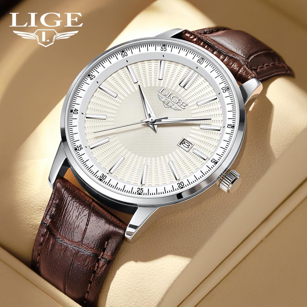 LIGE Fashion Men's Quartz Watch Business Leather Strap Waterproof Night Light Luxury Date Clock Relojes Para Hombres