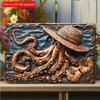 2D Flat Wooden Sign 30*20cm Nautical Octopus Wooden Wall Art: Octopus with Straw Hat, Coastal-themed Decor, Decorative Wall Art Ornate Wooden Sign