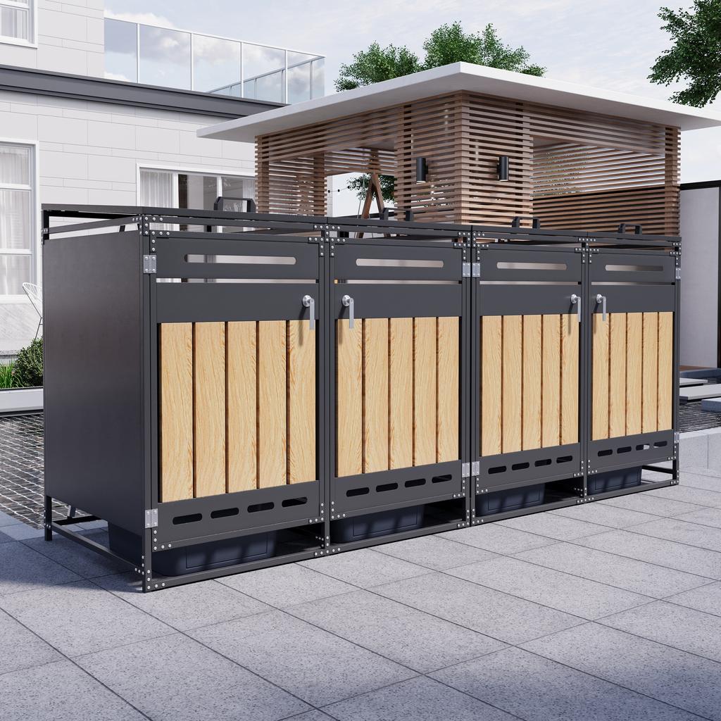 4-Piece Set Trash Can Box with Hydraulic Lid, Vertical Wood-Look Cladding, Slotted Ventilation, Iron Garden Storage Cabinet with Lock