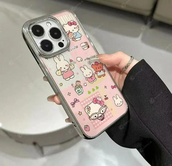 Посеребренная рамка Чехол Hello Kitty и Кролик Миффи для Apple 17 Pro Max 16 Прозрачный 15 Простой 14/13 Pro