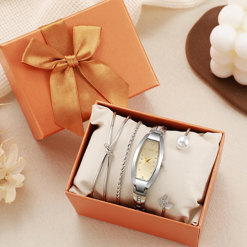 No gift box New small dial barrel-shaped delicate ladies quartz watch pearl bracelet 4-piece set