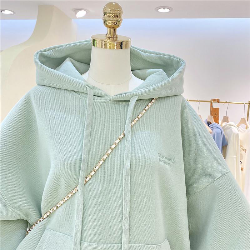 Autumn and Winter Women's Solid Hoodies Sweatshirts Loose Long Sleeve Tops Casual Sporty Thick Warm Ladies Pockets Hooded Pullover Sweatshirt