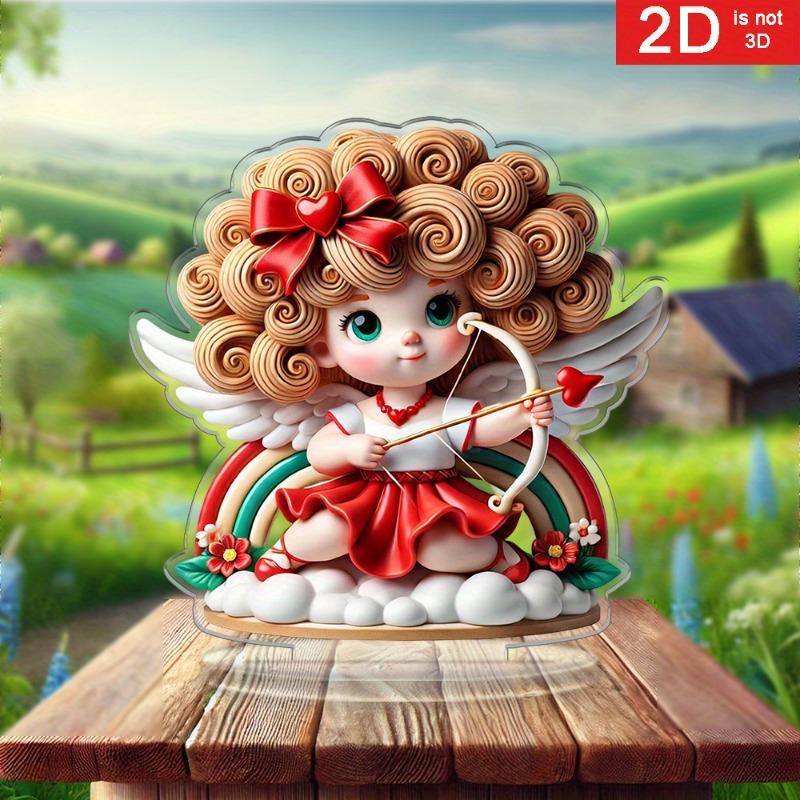 2D Flat Bohemian Grids Heart-Shaped Wings Angel Statue and Cupid's Arrow Acrylic Desk Decor Plaque, Suitable for wall decoration, porch, room, villa,