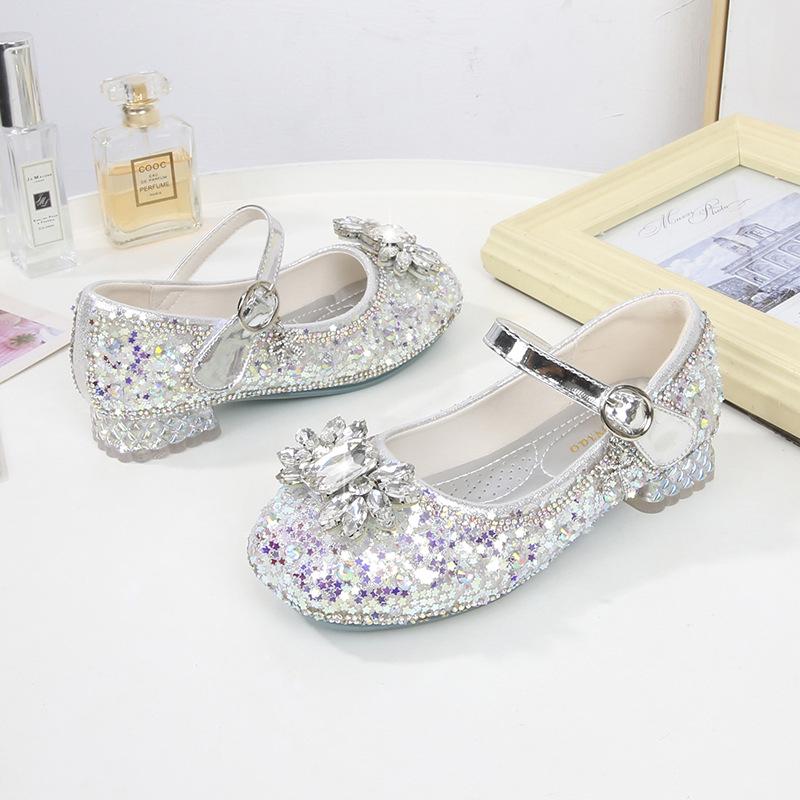 2024 Новые осенние туфли Crystal Princess Sequin на высоком каблуке из кожи для девочек