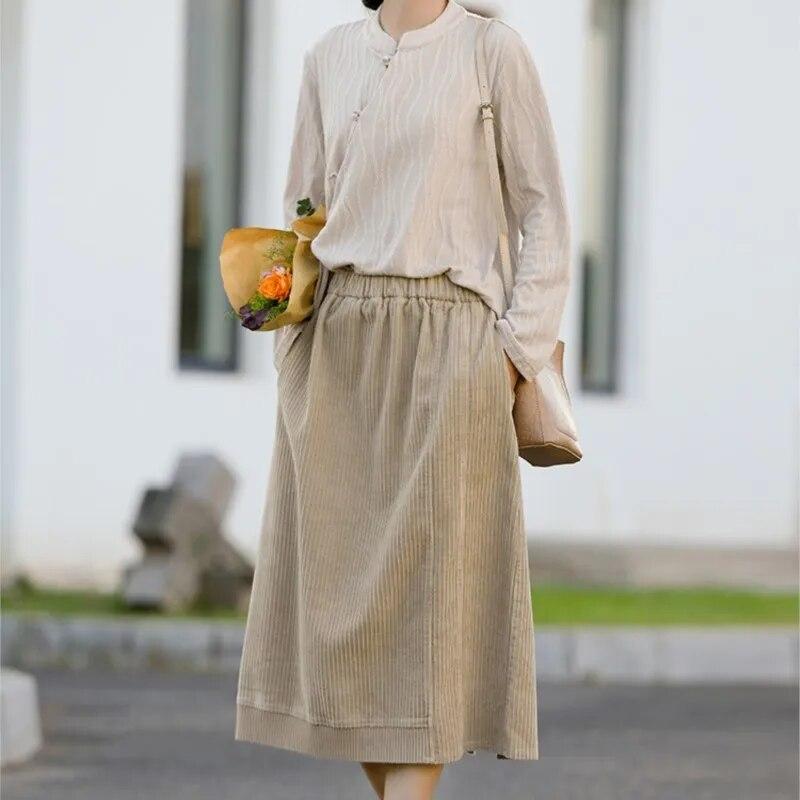 Johnature Осенне-зимняя женская модная однотонная винтажная юбка трапециевидной формы, винтажная вельветовая юбка