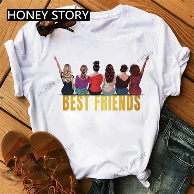 Summer Fashion Best Friends T-Shirt Short Sleeve Graphic Tees for Ladies Good Friend Bestie Sister Outfit Polyester Fabric