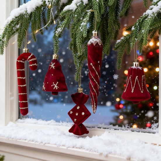 2 Pcs Velvet Christmas Ornaments Shatterproof Glitter Sequins Flocked Bell/Candy Cane/Ice Isicle Hanging
