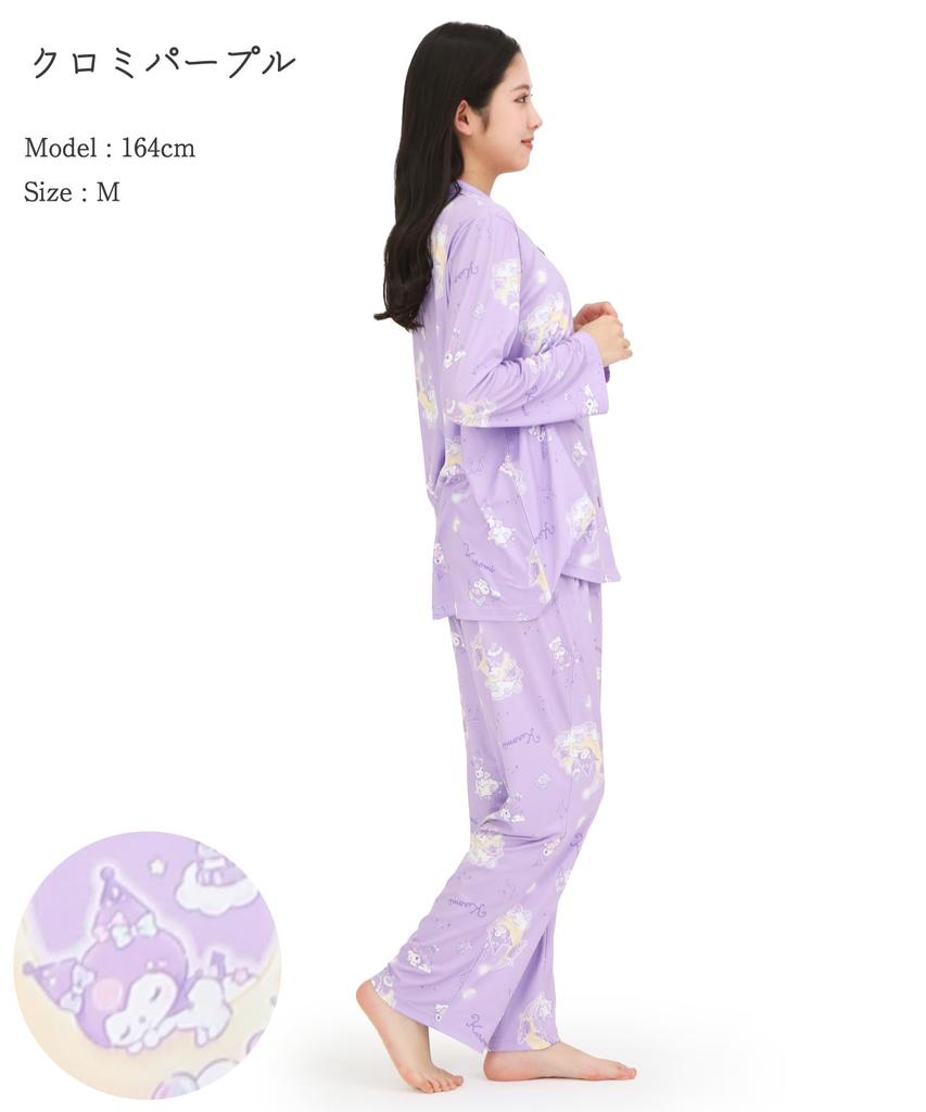 SAZAC Kuromi Shirt Powder Long Sleeve and Pants Loungewear Pajamas, Stretch, Women's, Set, (Purple/M/SAN1908)