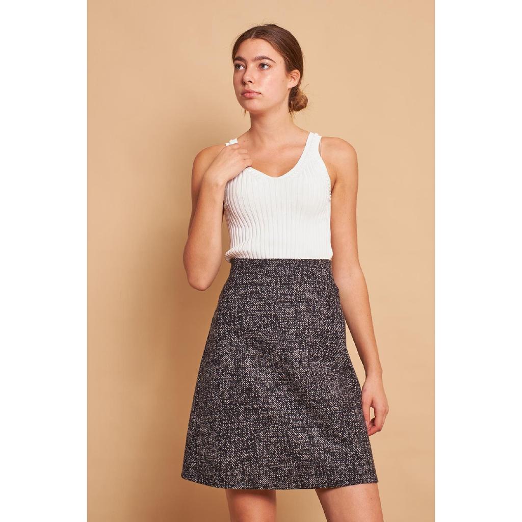 Легкая шерстяная зимняя жаккардовая ткань из лайкры с высокой талией Легкая юбка-колокольчик выше колена — черная диагональ