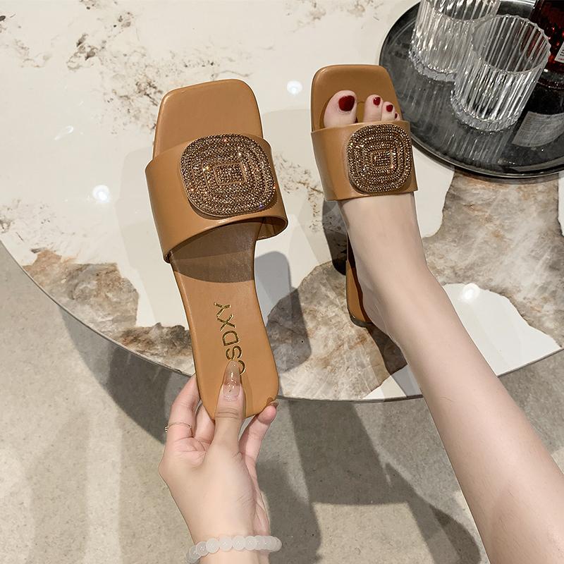 Fashion Women's Fashion Slippers Glitter Crystal Diamond Slipper Square Toe Flat Heels Sandals Summer Leisure Women Beach Vacation Shoes