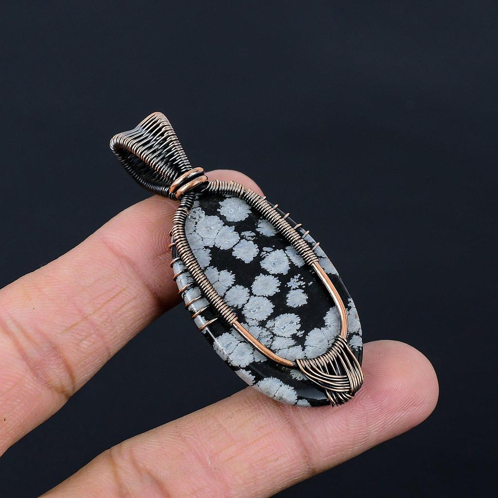 Gorgeous Tree Of Life Snowflake Obsidian Gemstone Handmade Pure Copper Wire Wrap Jewelry Pendant