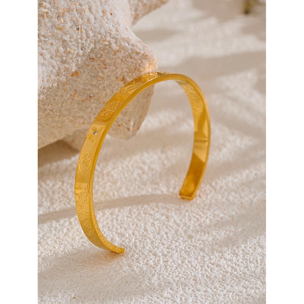 Yhpup Ocean Series Stainless Steel Shell Seahorse Starfish Conch Open Bracelet Bangle Tarnish Resistant Summer Holiday Jewelry
