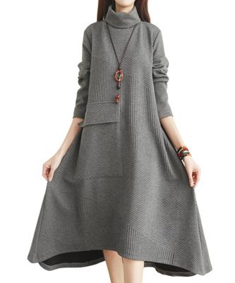 Женское платье Elixio Long Long High Thick в полоску, с рукавами, А-силуэта, с воротником-гольфом, теплое, подчеркивающее фигуру, повседневное, для осени/зимы, (JP, Алфавит, XL,
