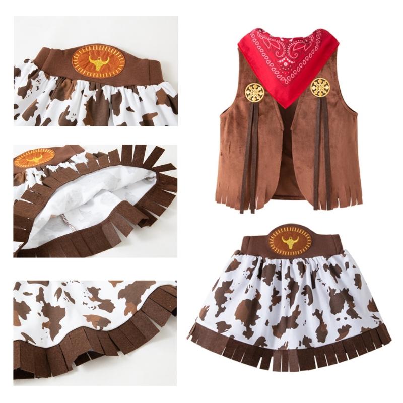Childrens Cowgirl Role Play Costume Set 4Pcs Western Vest Pants Hat and Short Skirt Performances Wear