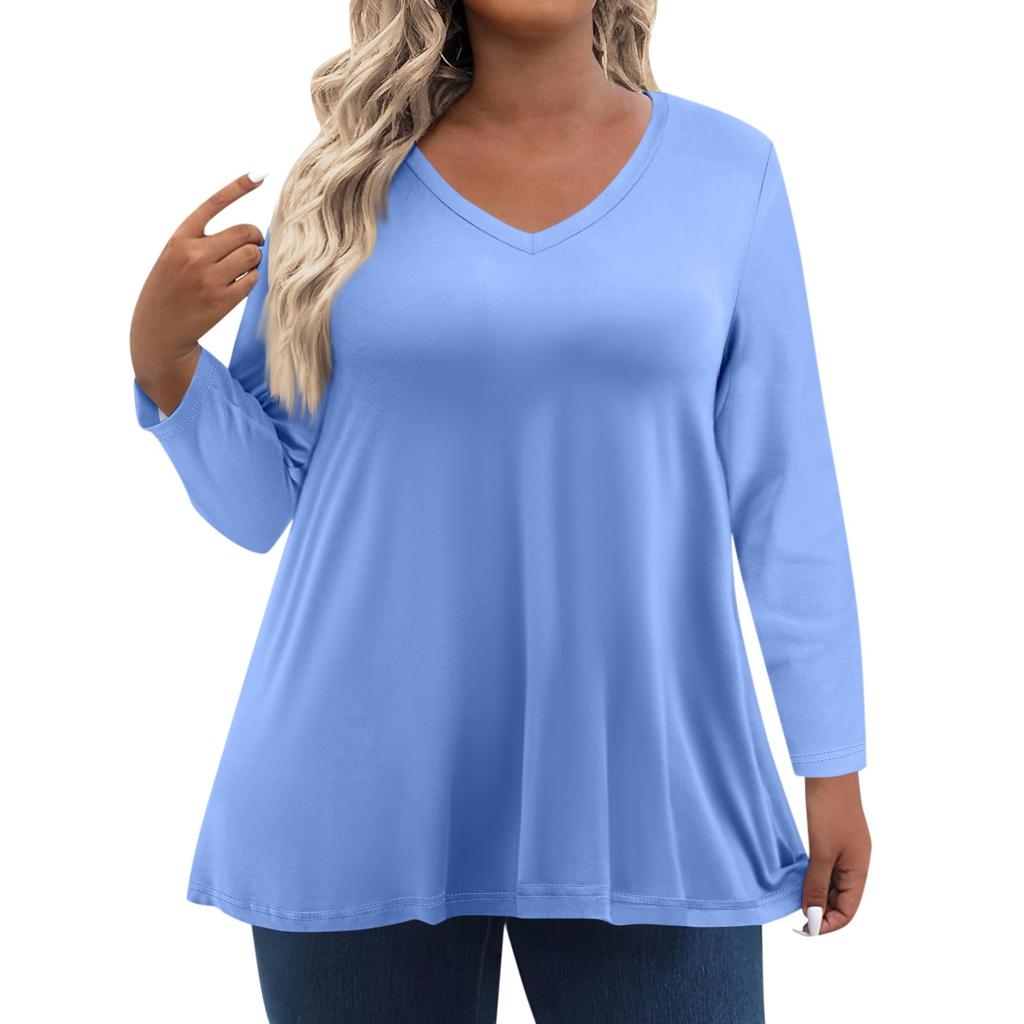 Womens Plus Size Tops Long Sleeve Shirts V Neck Casual Clothing Clothes Solid Color Tops