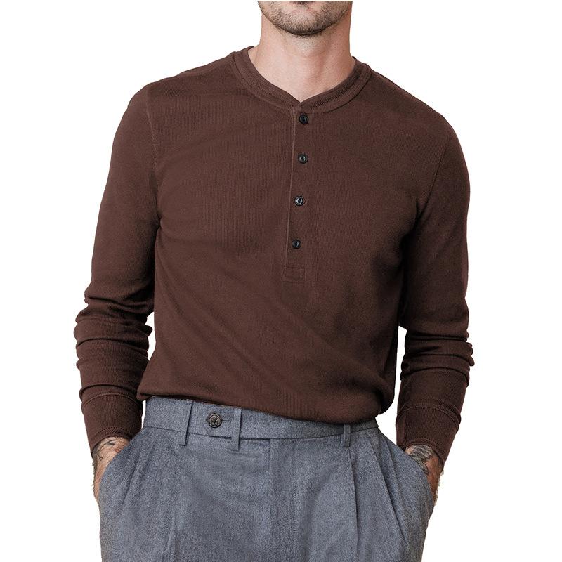 Men's Waffle Knit Long Sleeve Henley Shirt 4 Button Placket Crew Neck Thermal Casual Top