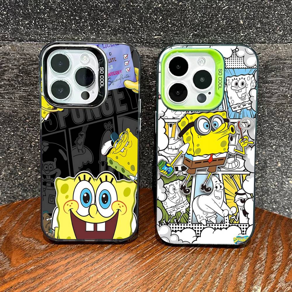 Мультяшный Милый S-Губка Боб Аниме Чехол для Телефона Для IPhone 17 16 15 14 11 12 13 Pro Max Pro Plus Цветной Серебристый Чехол