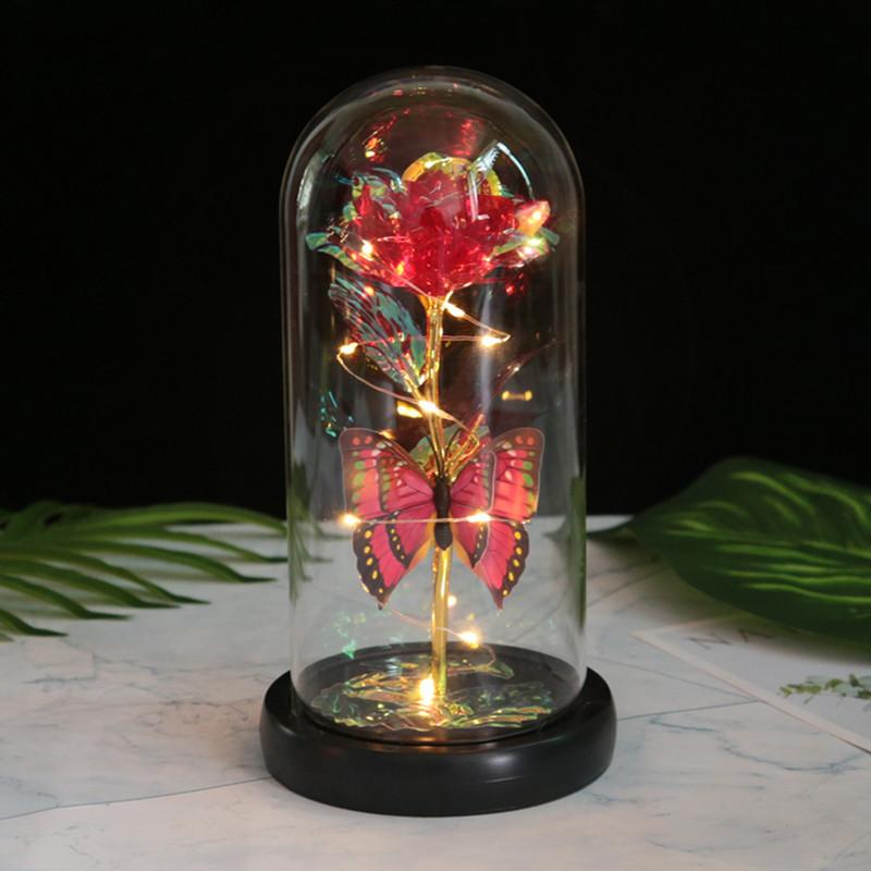 Butterfly glass cover rose ornament, Mother's Day Valentine's Day creative gift gold foil flower LED night light
