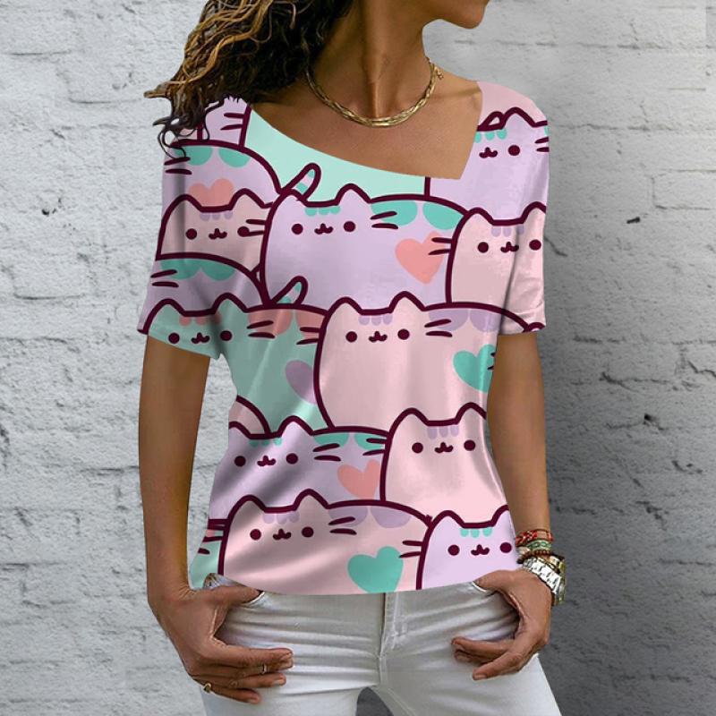 Женские футболки с v-образным вырезом, топы с короткими рукавами и принтом милых котов, летние модные повседневные футболки Kawaii, уличная женская одежда