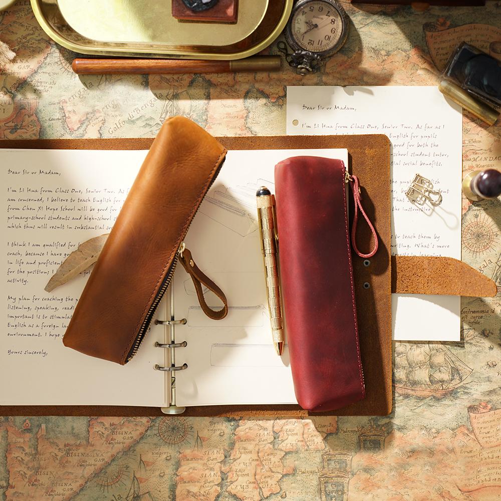 Large Capacity Vintage Crazy Horse Leather Zipper Pen Case Handmade Creative School Stationery Pencil Bag Genuine Leather