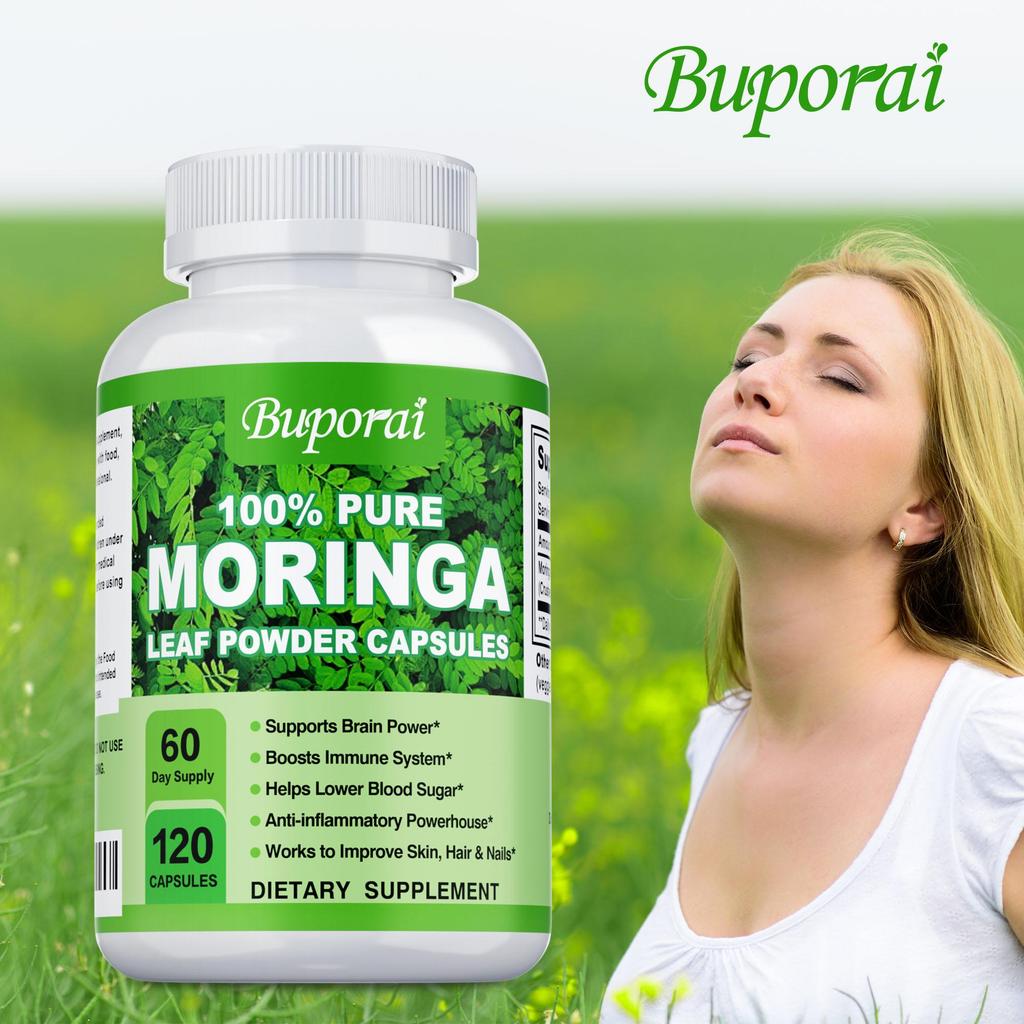 Moringa Capsules, 120 vegan moringa leaf powder capsules, an anti-inflammatory supplement that boosts the immune system, energy, and brain function.