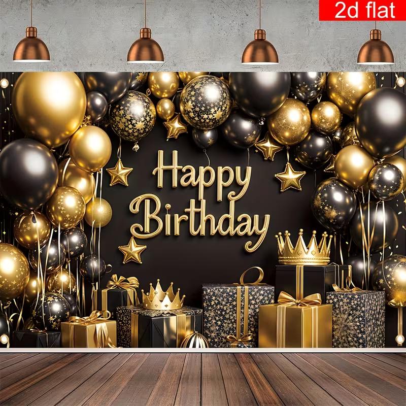 2D Black Gold Balloon Happy Birthday Backdrop with Crown and Gift Box Party Banner