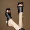 Summer Women's Shoes High Quality Leather Slippers Summer Open Toe High-heeled Slippers Square Toe Design Women Slippers