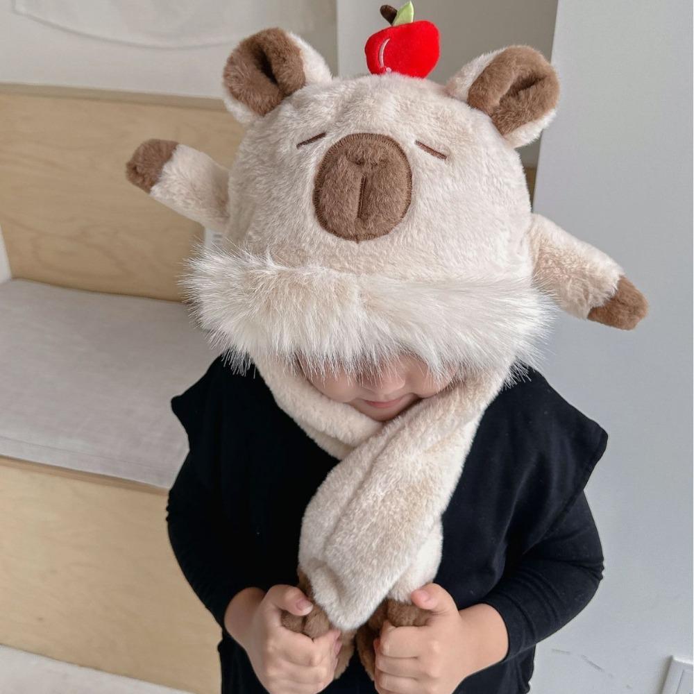 Movable Ears Capybara Hooded Scarf Windproof Plush Hat Scarf Set  Boys/girls
