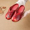 Summer Low-heel Flat-soled Casual Women's Shoes Ethnic Style Genuine Leather Printed Women's Slippers Middle-aged Breathable Hole Shoes
