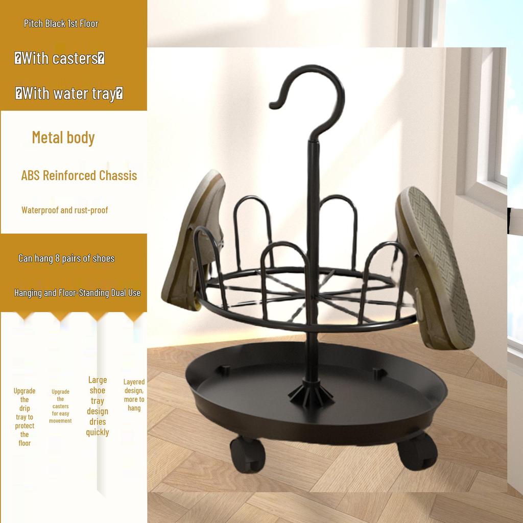 Multi-functional Floor-Standing Shoe Rack with Water Tray and Universal Wheels for Outdoor Balcony Use.