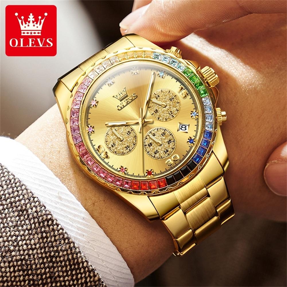 OLEVS Man Watch Luxury Rainbow Diamond Bezel Chronograph Date Luminous Waterproof Stainless Steel Gold Quartz Wristwatches 2939