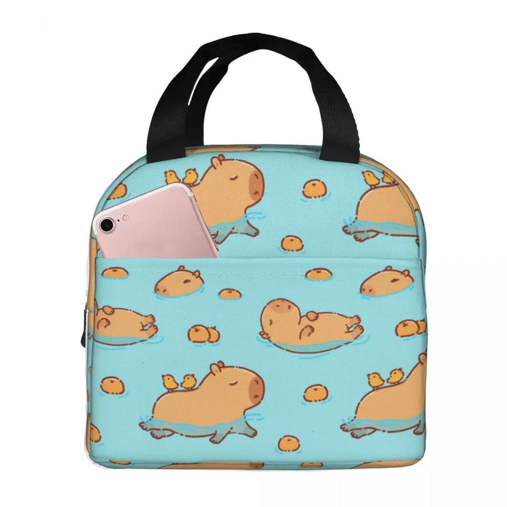 Милая капибара, плавающая, кавайная, Capy Animal Merch, ланч-боксы, портативная, изолированная, холщовая, термосумка для еды, школьная сумка