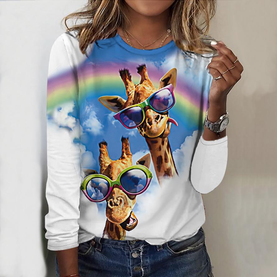 Топы для женщин с принтом радужного жирафа, круглым вырезом и длинным рукавом, футболка, осенний повседневный тонкий пуловер, женский топ с длинным рукавом