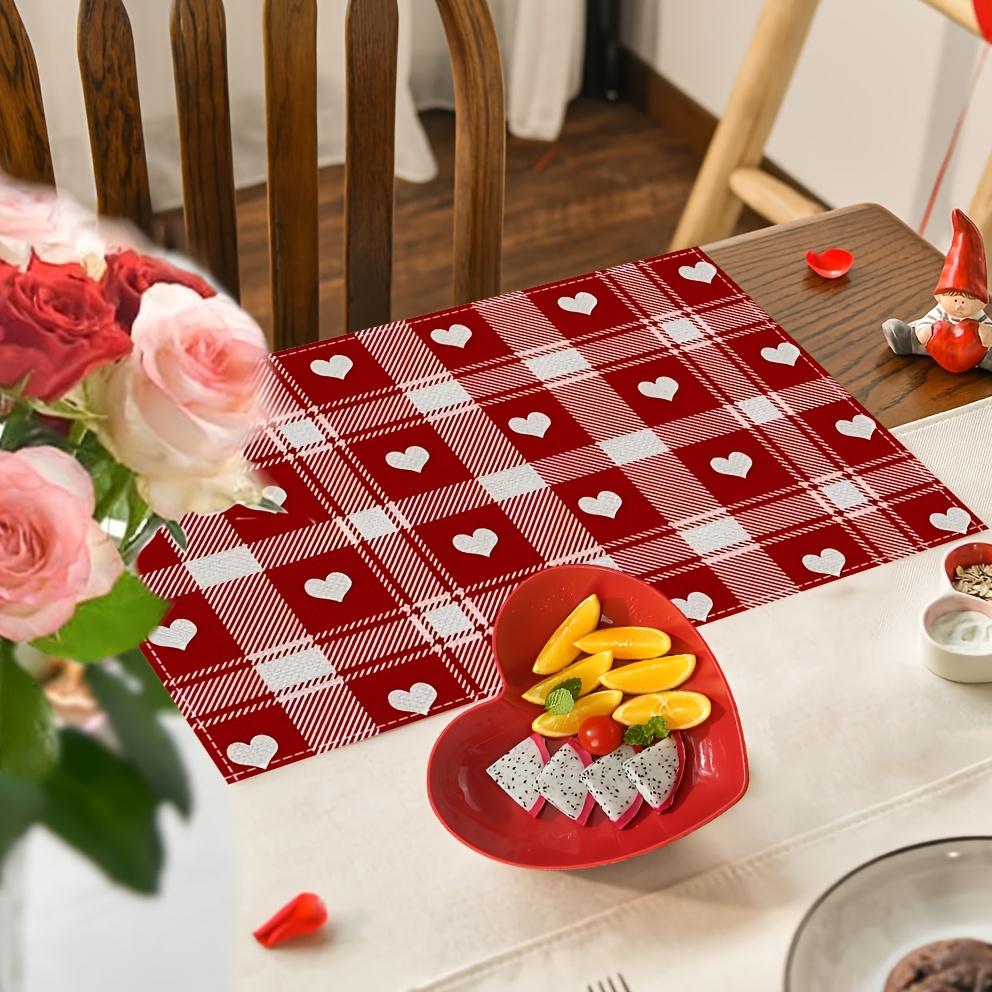 4pcs Buffalo Check Red Heart Placemats - Red & Buffalo Check with Heart Cutouts, Hand Washable Table s Suitable for Holiday Dining, Decor