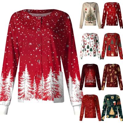 Женский повседневный однобортный однобортный защитная одежда с рождественским принтом и длинными рукавами, кардиган, топ