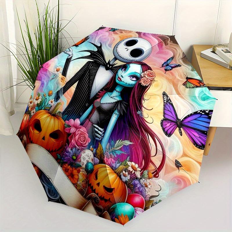 Jack Skellington,Sally Automatic Umbrella Tri fold Portable Umbrella, Best Holiday Gift for Men and Women, Durable Iron Frame, Playful Des