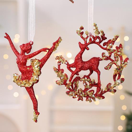 Glitter Sequined Christmas Ornament Red Snowflake/Butterfly/Star/Reindeer/Ballerina Hanging Decoration for Xmas Tree Doors Windows Walls Holiday Home