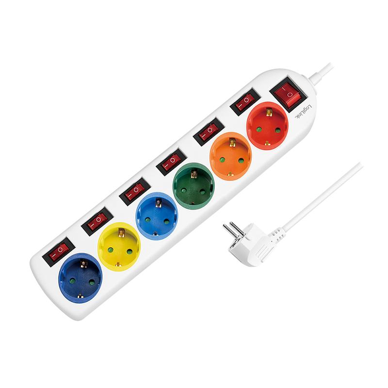 6-Way Power Strip with 7 Switches, CEE 7/3, Multicolor