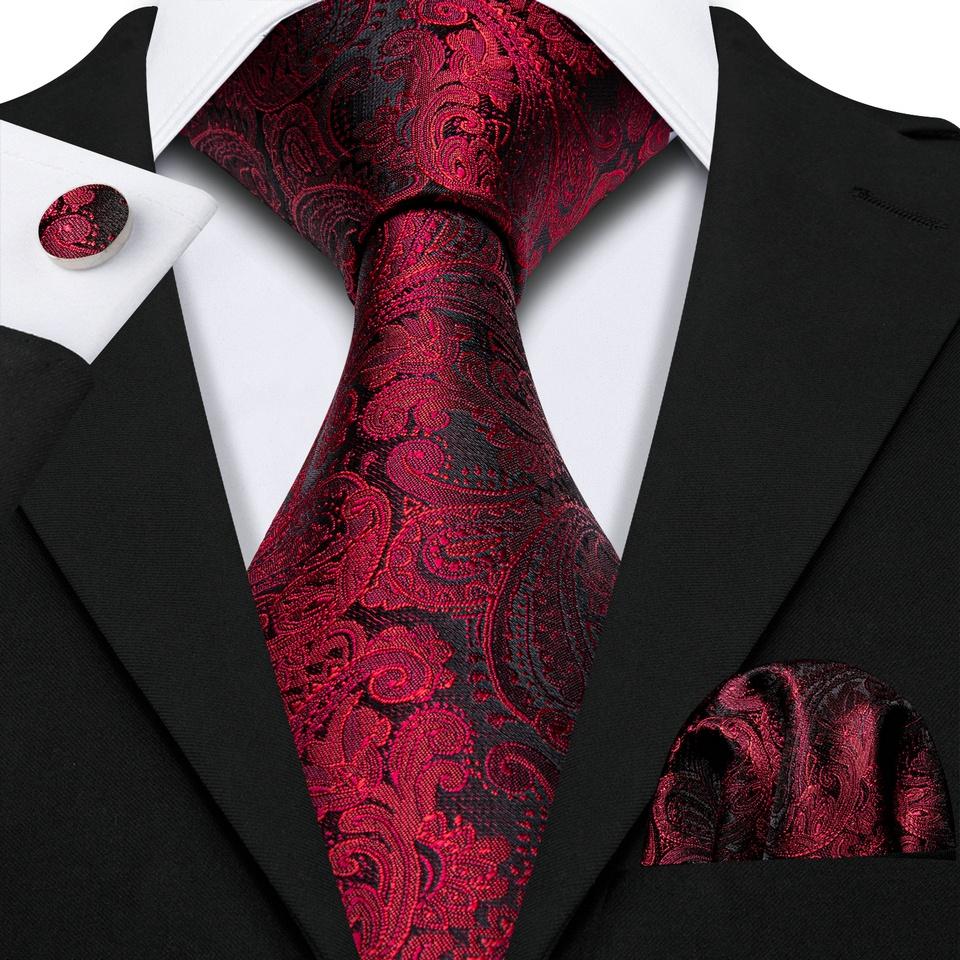 Cool Paisley Tie Hanky Cufflinks Gift Box for Men Red Black Silk Barry.Wang Set