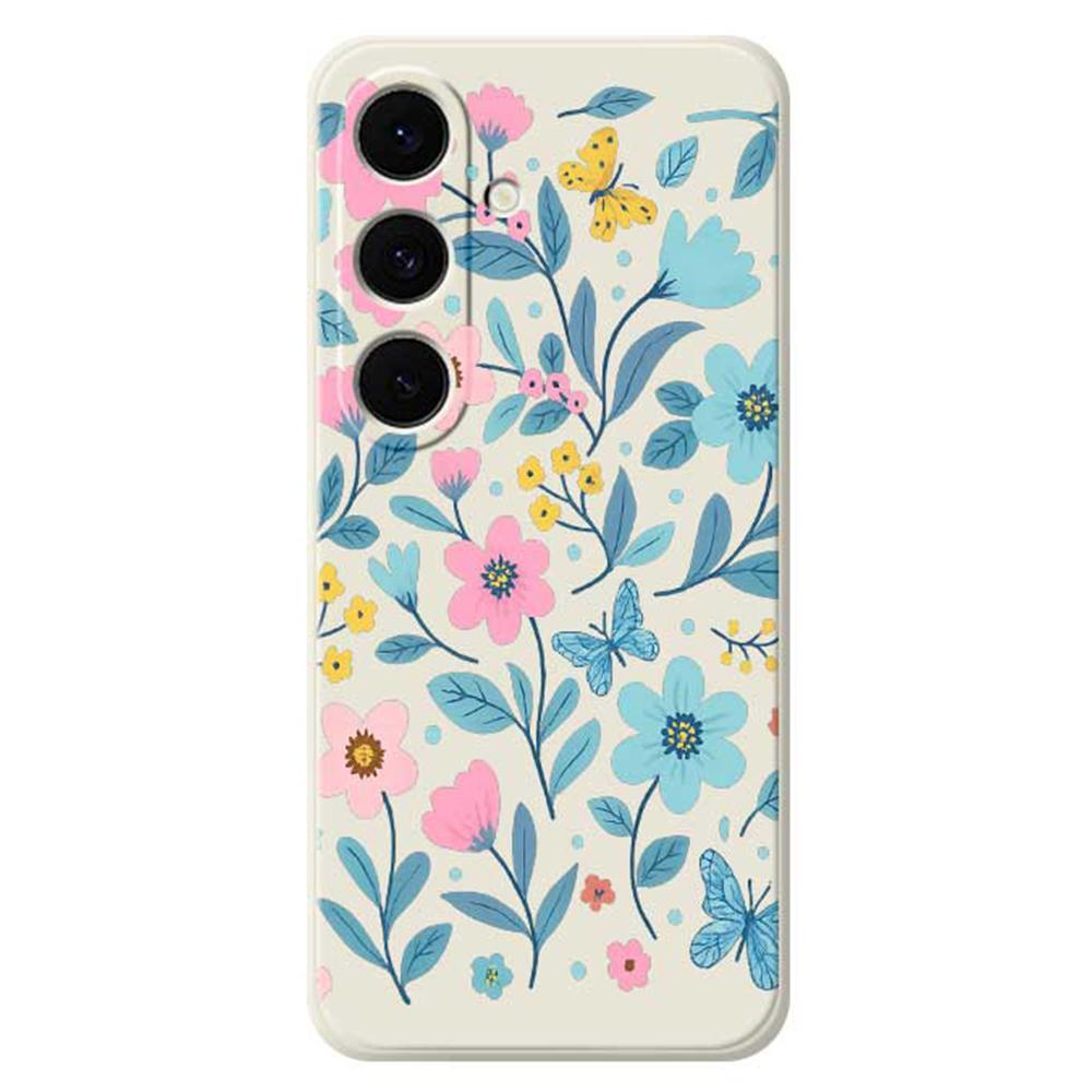 For Samsung Galaxy S25 FE Case Blue Pink Flowers Pattern Printing Straight Edge TPU Phone Back Cover