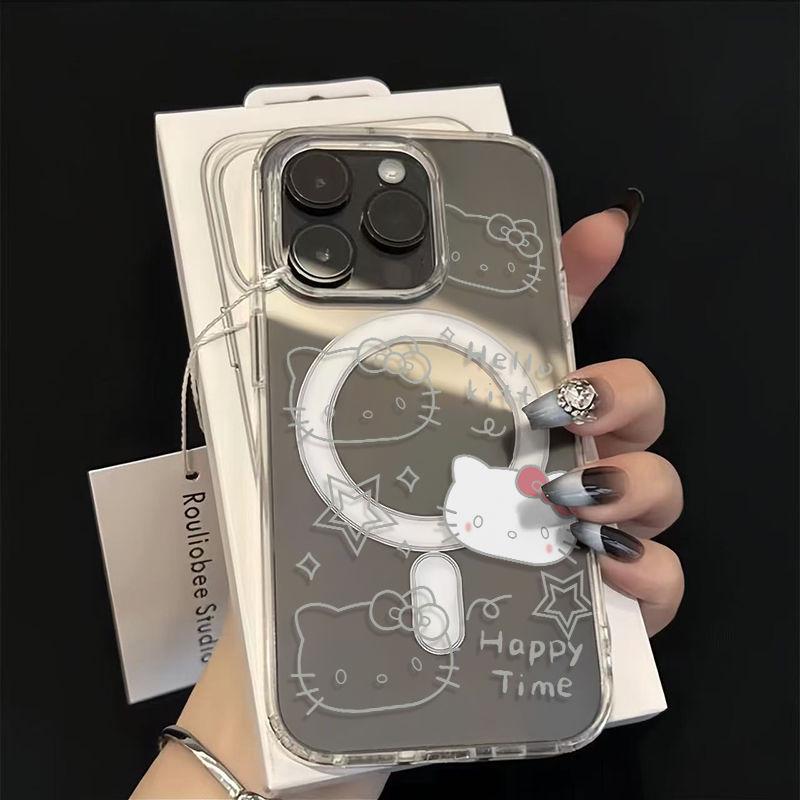LINE KT Кошка Магнитная Кнопка ИИ Акриловый Чехол для Apple 13/14/15/16 ProMax с Мультяшным Дизайном