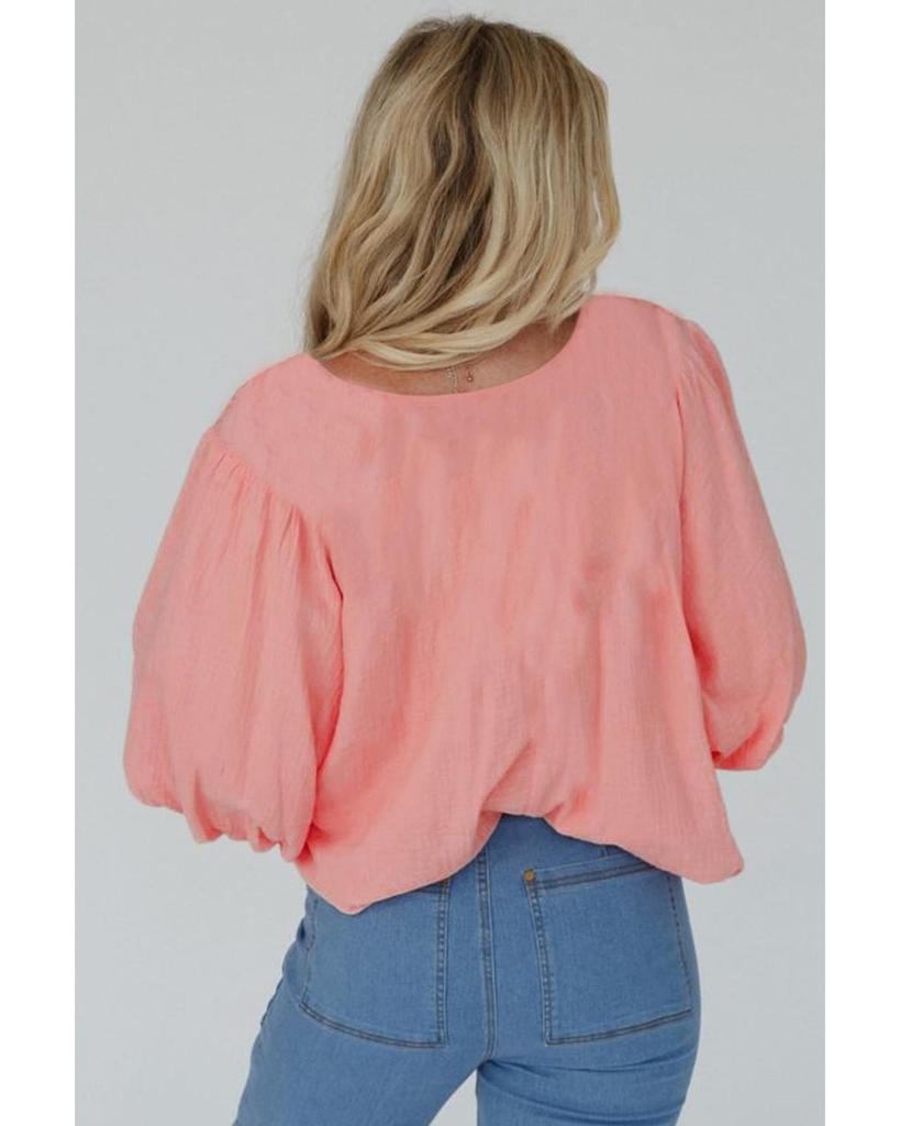 Azura Exchange Apricot Pink Geometric Embroidered V Neck Puff Sleeve Blouse