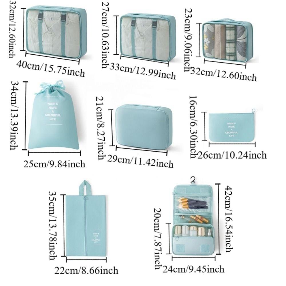 Набор из 8 складных дорожных органайзеров Водонепроницаемые Большой вместимости Упаковочные кубики для чемодана Разных размеров с ручкой Сумка-чехол для чемодана