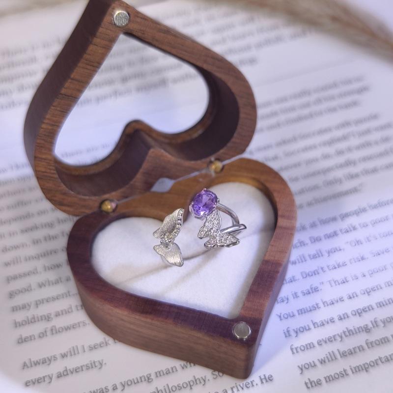 Women 925 Sterling Silver Butterfly Ring Natural Crystal 5*7mm Adjustable Open Jewelry