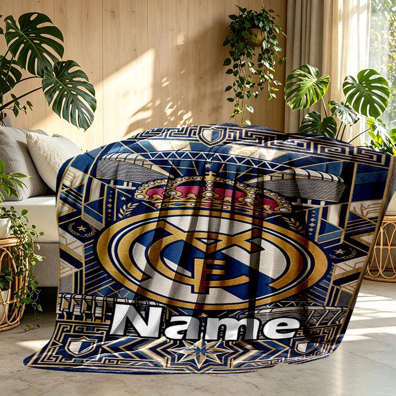 Custom Name Personalized Real Madrid Football Print Blanket, Home Decor, Bedroom, Sofa, Camping, Couch, Gifts for Birthday Christmas