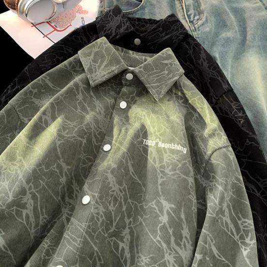 Весна Осень Мужская Рубашка Ретро Американский Стиль Вельвет Вышивка Японский Стиль Свободный Однобортный Длинные Рукава